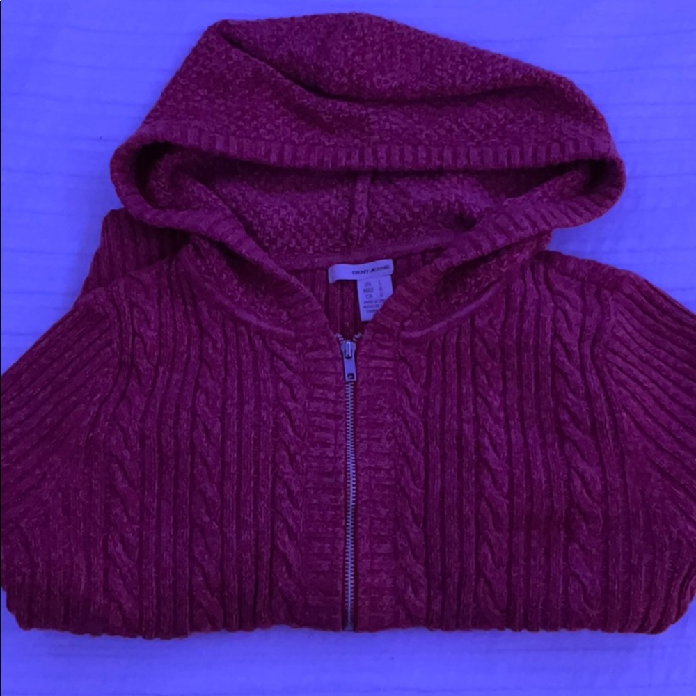 DKNY zip up knitted pattern sweater w Hood